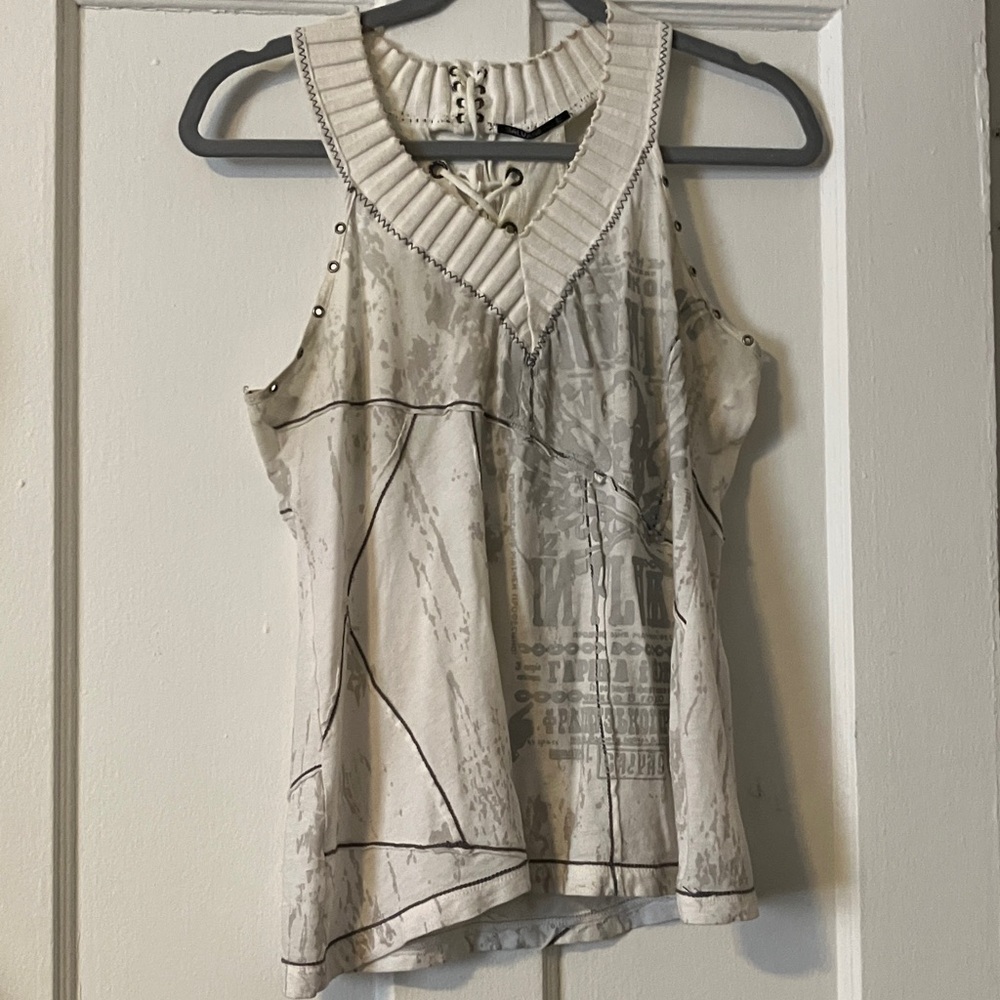 Salvage Cream Graphic Lace-Up Ribbed V-Neck Tank